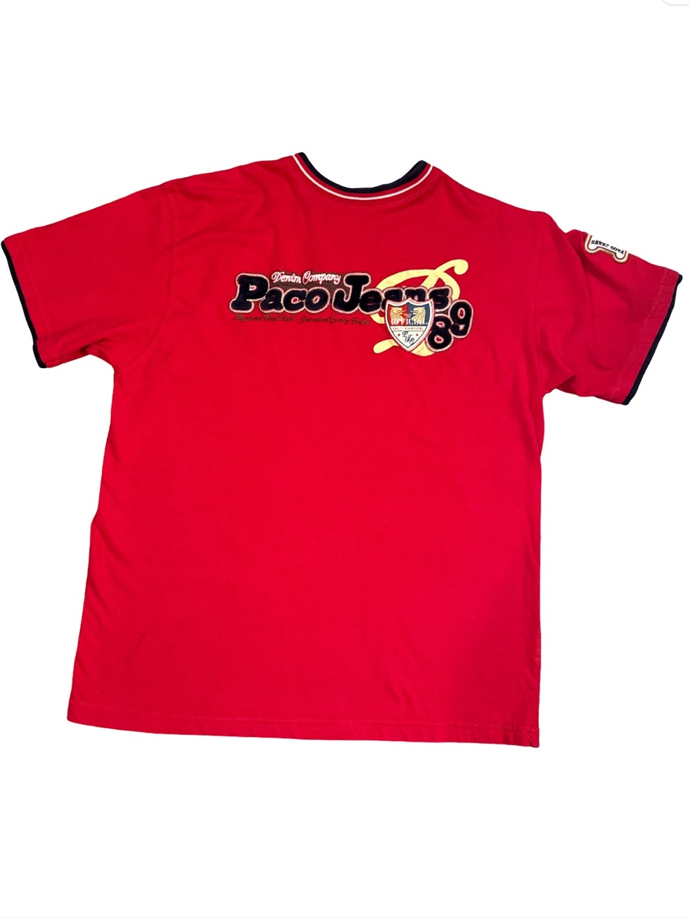 Y2K vintage Paco Jeans Red Graphic Logo Tee Embroidered size medium